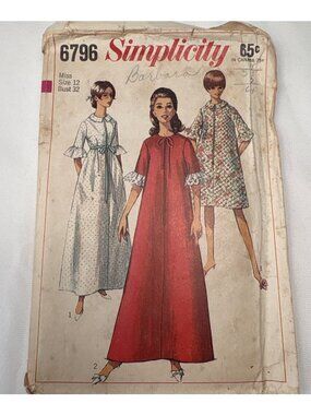 Misses Robe Sewing Pattern Simplicity 6796 Size 12 Vintage Short Sleeves